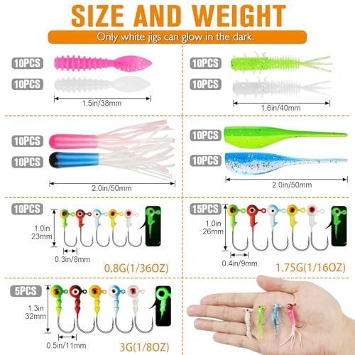 Dovesun Crappie Lures with Jig Heads Kit, Soft Plastic Grubs-Tube Baits 1/8oz 1/16oz 1/32oz Crappie Jigs Walleye Trout Bass Crappie Baits 95-120pcs - color: A-110PCS-Crappie Lures(small)