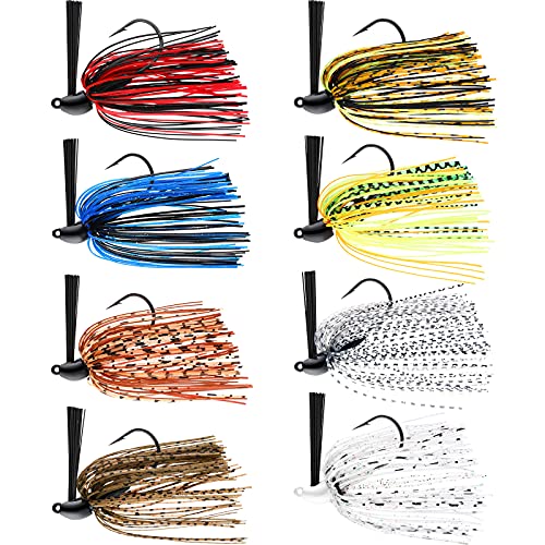Sumind 8 Pcs Bass Fishing Jigs Bass Weedless Football Jig Metal Football Head Kit Swim Silicone Skirts Weed Guard Flipping Lures, Colorful, 10 G/ 3/8 oz