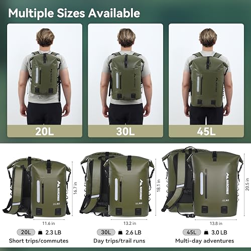 MARCHWAY Roll Top Waterproof Backpack, Floating Dry Bag 20L/30L/45L with Ergonomic Rectangular Base, Cushioned Back, Hip Strap for Hiking Camping Kayaking Travel (Army Green, 30L) - color: Army Green, size: 30L