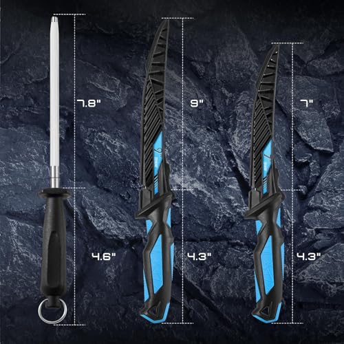 Fillet Knife Kit Combo, Fishing Knives and Honing Rod, Ultra-Sharp G4116 German Stainless Steel, Non-Slip Handle, Durable Storage Bag, Fishing Gifts for Men - color: Blue-3Pcs