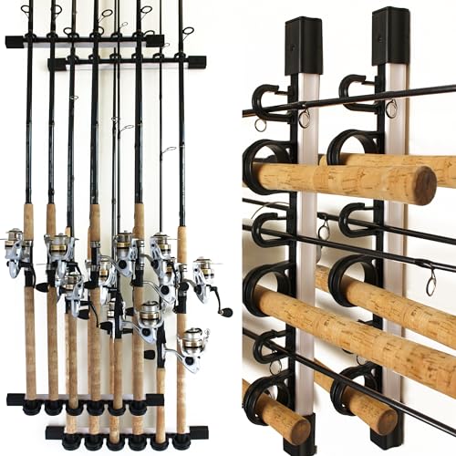 Rush Creek Creations 6 Rod Fishing Holder - Vertical/Horizontal Rack for Garage Organization and Wall Storage - color: White and Black, size: 2 PACK