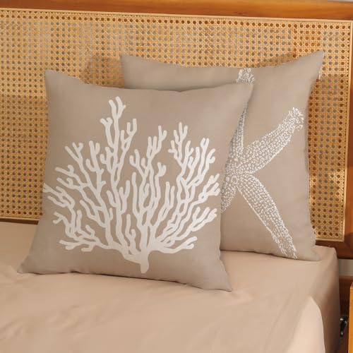 Coastal Pillow Covers 18x18 Inch Set of 2 Brown Tan Coral Starfish Throw Pillows Summer Nautical Beach Ocean Decorations Linen Pillowcase Outdoor Decor Farmhouse Cushion Case for Home Bedroom - color: Brown Starfish Coral, size: 18" x 18" (Pack of 2)