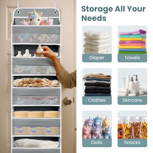 Easy Assembly Over The Door Organizer, 5 Shelves& 8 Side Pockets, Heavy-Duty Reinforced Mesh Rack Holds 44lb, Hanging Behind Door Storage for Bathroom Pantry, Nursery, Closet, Shoes, Towels-Grey - color: Grey, size: 5 shelf