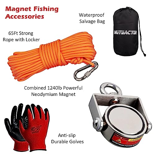 MUTUACTOR Fishing Magnet Kit,Combined 1360lb Strong Rotatable Magnet Fishing Heavy Duty,Φ2.91''Permanent Neodymium Rare Earth Magnets with 65Ft Salvage Rope,Gloves for Retrieving Treasures - style: 1360lb Swivel Magnet (Double Sided)--Φ 2.91"