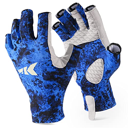 KastKing La Sal Fishing Gloves UPF50+ Sun Gloves UV Protection Fingerless Gloves Men Women for Outdoor, Kayaking, Rowing, Paddling, Canoeing, Hunting - color: G: Boulder Camo Juno, size: Small-Medium