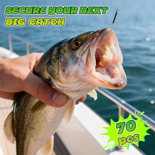 70 Pcs Weedless Wacky Rig Hooks Professional V Bass Fishing Worm Hooks Carbon Steel Fishing Lure Baits for Freshwater Saltwater - size: 2/0