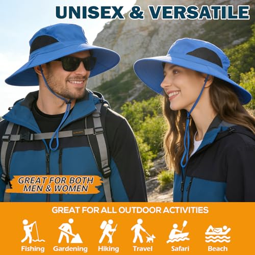 Wide Brim Sun Bucket Hat, Waterproof Boonie Hat for Men & Women | UPF 50+ UV Protection, Adjustable Fit, Chin Strap & Sweatband, Foldable Durable for Fishing Hiking Garden Beach - color: 01 Blue