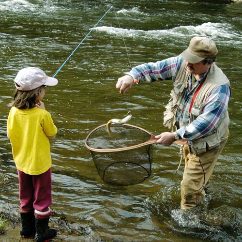 25.5in Fly Fishing Net, Trout Net with Wooden Handle, Soft Rubber Catch and Release Landing Net, Lightweight Fish Net with Safety Lanyard for Stream Creek River Fishing