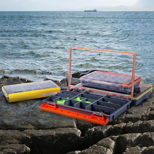 Tackle Box with Adjustable Dividers, Waterproof Fishing Lure Tackle Organizer Box for Hooks Baits, Rustproof Clear Lid Plastic Bait Box for Saltwater Freshwater Fishing Accessories (Yellow, L) - color: Yellow, size: L