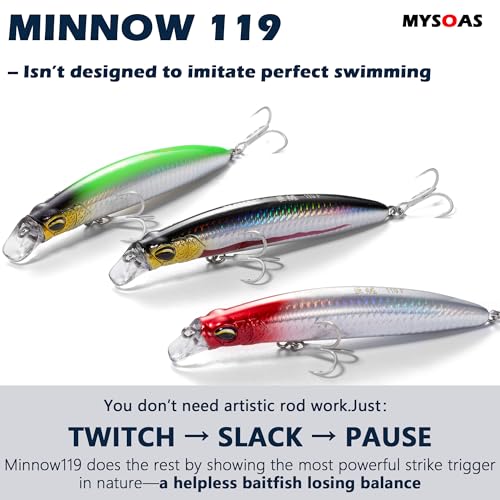 Jerkbait Fishing Lure Minnow 119S, Slow Sinking Saltwater Surf Fishing Lures with Tungsten Weight, Long Cast System, Through-Wire Construction, BKK 4X Hooks, for Halibut Striped Bass Surf Perch