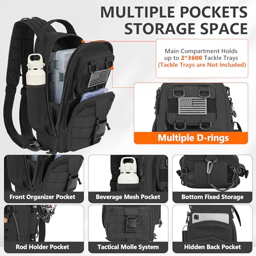 GMAK Fishing Backpack Tackle Sling Bag, Tactical Fishing Tackle Backpack with Rod & Gear Holder, Lightweight Outdoor Water-Resistant Tackle Gear Pack Shoulder Bags for Men Women, Black - color: Black, size: Standard, style: Sling Backpack