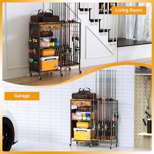 Homeiju Fishing Rod Holder, Fishing Pole Holders for Garage Boat Fishing Gear Storage with Drawer and Wheels, Holds 16 fishing rods for Home Entryway Corner,Rustic Brown