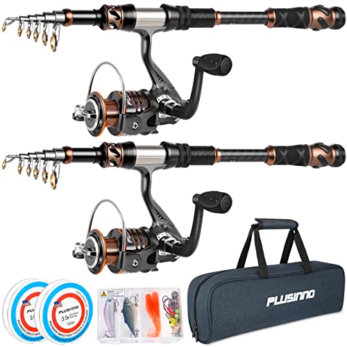 PLUSINNO Fishing Rod and Reel Combos - Carbon Fiber Telescopic Fishing Pole - Spinning Reel 12 +1 Shielded Bearings Stainless Steel BB - color: 2PACK Full Kit with Carrier Case, size: 2.7M 8.86FT