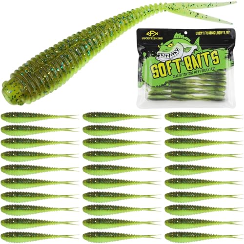 LUCKYFISHING Soft Plastic Baits 20PCS/30PCS/40PCS Forked Tail Fishing Soft Bait for Bass Walleye Trout Crappie Lures 3in/3.5in/4in - color: Green Flash, size: 3.5in-30pcs