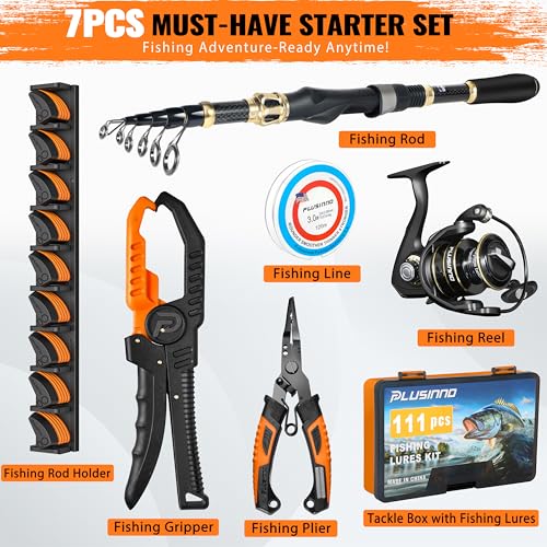 PLUSINNO Fishing Gear,Full Fishing Pole kit Include Fishing Rod and Reel Combo, Tackle Box with Fishing Lures, Fishing Accessories, Fishing Pliers,Fishing Gifts for Men with Fishing Tool Kit - style: Orange Fishing Combo With Fishing Rod Holder