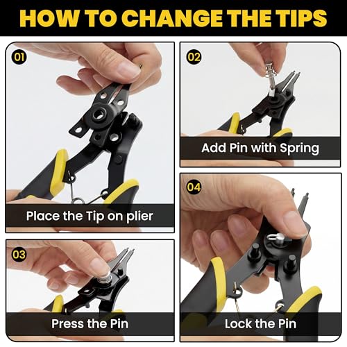 Snap Ring Pliers Heavy Duty Set, 4-in-1 Convertible Internal External Retaining Ring Pliers, Interchangeable Heads 45 90 Degree Angled Jaws, C Clip Circlip Lock Ring Removal Tool