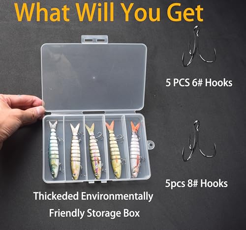 Fishing Lures for Freshwater and Saltwater, Realistic Fishing Lures with Storage Box for Bass Trout Crappie Walleye Pike Bluegill, Slow Sinking Jointed Swimbait, Extra 5pcs 6# and 5 pcs 8# Hooks