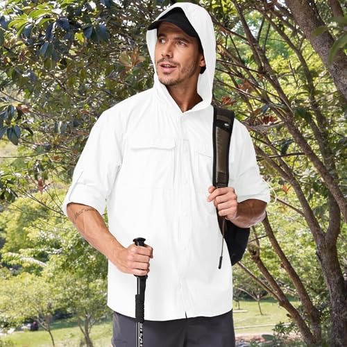 Mens Sun Protection Hiking Fishing Safari Shirts with Hood Long Sleeve Outdoor Quick Dry Shirts Hoodie - color: 5105 White, size: Small