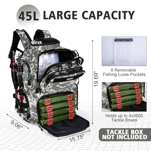 Goture Fishing Backpack,900D Water-Resistant Tackle Backpack with Rod Holders, SBS Zippers,45L Large Fishing Bag Storage Gear Tackle Bag with Rain Cover, Bottle Holder for Travel Camping Hiking - color: A1:72# Camo(Only Bag), size: Without Tackle Boxes