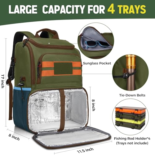 MATEIN Fishing Backpack Tackle Box, Water Resistant Tackle Backpack with Cooler & Rod Holders, Fishing Gifts for Men - color: Green & Orange & Blue