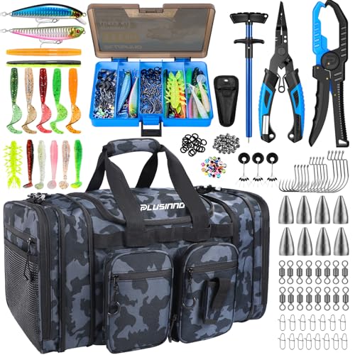 PLUSINNO Tackle Bag - Expandable Fishing Bag with fishing tools for Saltwater & Freshwater - Water Resistant Fishing Gear Shoulder Bag For Men, All-purpose Carrying Bags for Outdoors - color: Tackle Bog with Lure & Tool