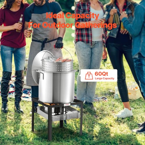 VEVOR 60 Qt Seafood Boiling Kit with Strainer, Outdoor Seafood Boil Pot and Basket, Cooking Set for Crab Crawfish Lobster Boiling, Aluminum Stockpot with 100,000 BTUs Propane Burner and Steamer Rack - style: 60-qt