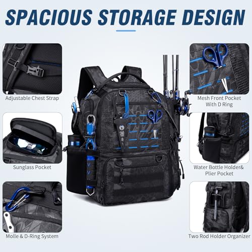 Fishing Tactical Backpack with 2 Rod Holders, Waterproof Tackle Bag with Bottle Holder,50L Extra Large Fishing Bag for Fishing Gear and Equipment, Black Camo - color: Black Camo