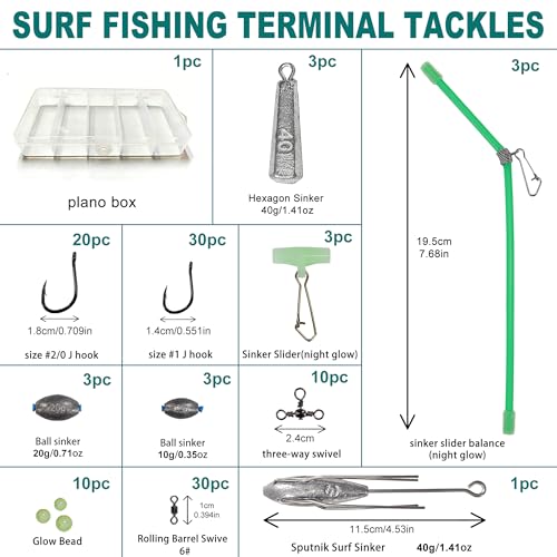 121PCS Surf Fishing Tackle Kit – Long Casting Sputnik & Hexagon Sinkers, Heavy Duty Saltwater Rigs with J-Hooks & Swivels for Striped Bass, Redfish & Pompano
