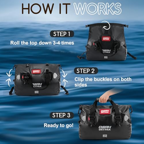 OSAH DRYPAK Waterproof Duffel Bag - Motorcycle Dry Bag Tail Bag with Large Storage Space, Waterproof Luggage Duffle Bags with Outer Mesh Zipper Pocket for Camping, Kayaking, Fishing & Traveling - color: Black, size: 25L