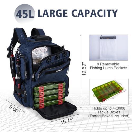Goture Fishing Backpack with 4 Tackle Boxes,900D Water-Resistant Tackle Backpack with Rod Holders,SBS Zippers,45L Large Tackle Storage Gear Bag with Rain Cover,Bottle Holder for Travel Camping Hiking - color: A1:Blue, size: Include 4 Tackle Boxes