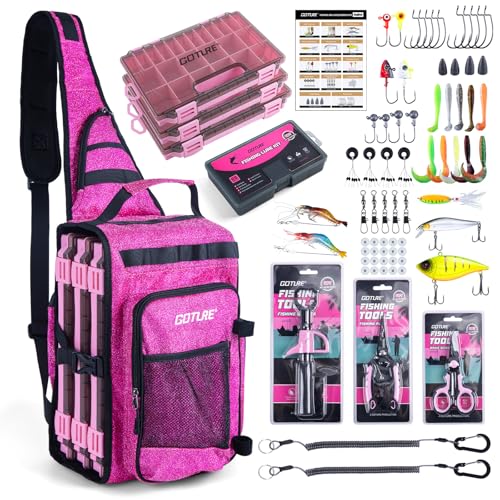 Goture OpenSide Tactical Sling Tackle Bag with 3 Tackle Trays,Lures & Fishing Tools, Lightweight Fishing Backpack Storage for Fishing Gear-Shimmering Pink Bag, Gift for Women - color: Shimmering pink, size: Small bag with 3600 trays, style: Bag + Fishing