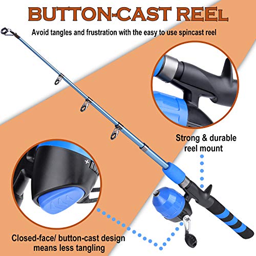 PLUSINNO Kids Fishing Pole, Portable Telescopic Fishing Rod and Reel Combo Kit - with Spincast Fishing Reel Tackle Box for Boys, Girls, Youth - color: BLUE, size: 3.94 ft