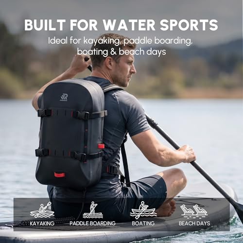 Premium IPX7 Airtight Waterproof Backpack for Kayaking Black | Boating, Paddle Boarding, Fishing, 30L with Resin Zipper, Rugged Gear Protection Submersible Backpack, Water Sports, Surfing - color: Black