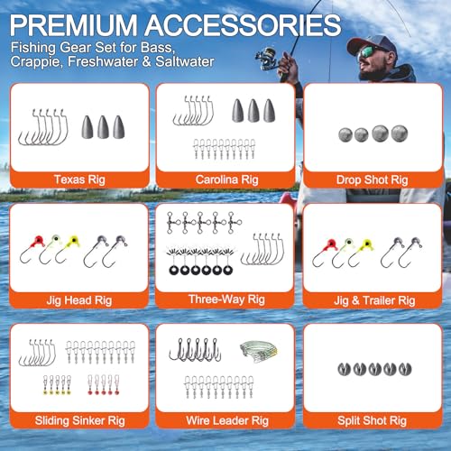 Fishing Accessories Kit, 308-Piece All-in-One Fishing Gear Set with Organized Tackle Box, Hooks, Weights & Rigs for Freshwater/Saltwater, Bass, Crappie - Perfect Fishing Gifts for Men