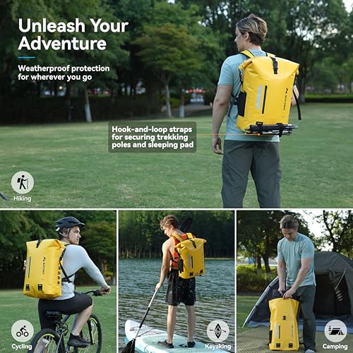MARCHWAY Roll Top Waterproof Backpack, Floating Dry Bag 20L/30L/45L with Ergonomic Rectangular Base, Cushioned Back, Hip Strap for Hiking Camping Kayaking Travel (Yellow, 30L) - color: Yellow, size: 30L