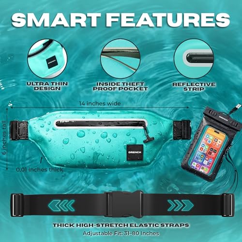 DRENCH 100% Waterproof Fanny Pack Teal – IPX8 Submersible Waterproof Phone Pouch Dry Bag Waist Pack for Kayaking, Snorkeling, Paddle Boarding, Surfing, Boating & Beach Travel Water Sports Gear - color: Teal