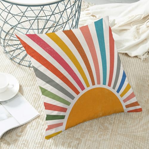 Summer Pillow Covers 16x16 Inch Set of 2 Boho Rainbow Sunshine Outdoor Outdoor Decorative Throw Pillows Seasonal Colorful Stripes Sun Pillowcases Linen Cushion Covers for Bed Sofa Couch - color: Rainbow Sun-3, size: 16" x 16" (Pack of 2)