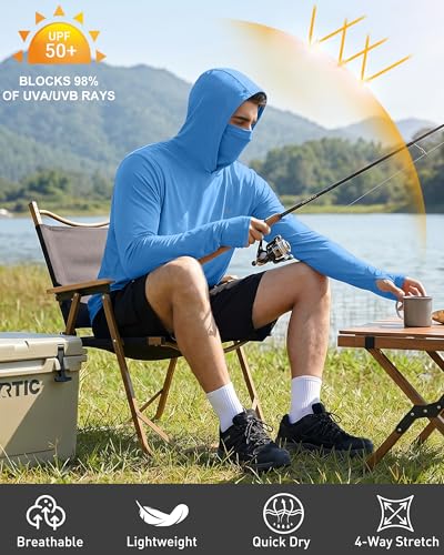 FISHEAL Men's Performance Fishing Hoodie Shirt - UPF 50+ UV Sun Protection Long Sleeve Shirts with Mesh Face Mask - color: Blue, size: Small