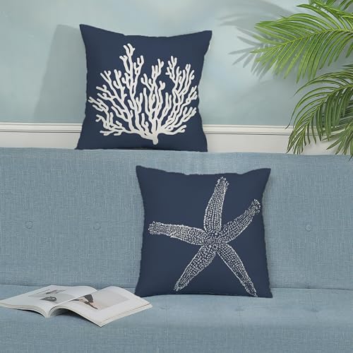 Navy Blue Coastal Pillow Covers 16x16 Inch Set of 2 Nautical Blue Starfish Coral Throw Pillows Spring Summer Beach Ocean Pillowcases Linen Outdoor Decorative Cushion Covers for Bed Sofa Couch - color: Navy Blue Starfish Coral, size: 16" x 16" (Pack of 2)