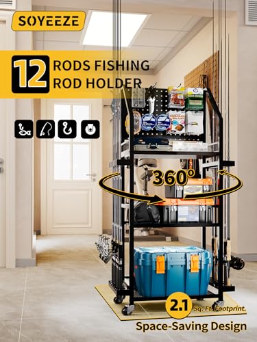 SOYEEZE Fishing Rod Holders for Garage with Pegboard and Lockable Wheels, 3-Tier Fishing Pole Rack with 10 Hooks, Fishing Gear Tackle Box Organizer Up to 12 Rods, Rolling Fishing Storage Cart - color: Black-3-Sided, size: 3-Sided 10 hooks