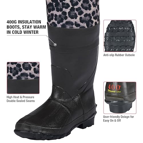 HISEA Womens Chest Waders, 4.5mm Neoprene Leopard Hunting Wader for Women with Insulated Boots, Waterproof Fishing Waders - color: Arabian Leopard, size: 5