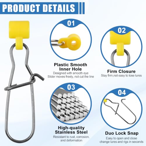 Fishing Line Sinker Slides- 30pcs Stainless Steel Braid Line Sinker Slider with Duo-Lock Snap High-Strength Line Weight Connectors for Saltwater Surf Fishing Rigs Catfishing - style: Yellow-30pcs