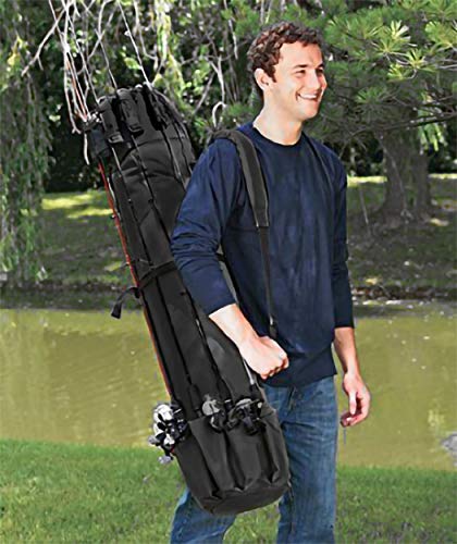 Allnice Durable Canvas Fishing Rod & Reel Organizer Bag Travel Carry Case Bag- Holds 5 Poles & Tackle - color: Black