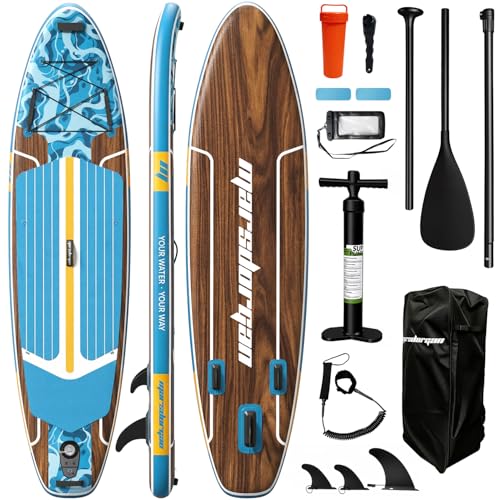 11ft Inflatable Stand Up Paddle Board, Wood Grain Ultra Lightweight SUP, 430lb Capacity for Adults Youth Family, for Fishing Surfing Camping, Includes Backpack & Pump - color: Blue Grained Walnut Wood