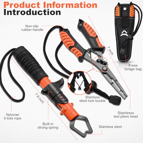 RoundFunny Fish Lip Gripper Pliers, Combo Fishing Tool Kit Stainless Steel Multifunction Hook Remover, Split Ring Pliers with Lanyards Sheath for Fly, Easter Fishing Basket Gift Gear Men Women - color: Orange