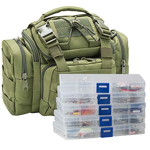 Dr.Fish Fishing Tackle Bag 5 Boxes with 60 Lures Included Loaded Stocked Tackle Box Set Spinner Lures Kit Freshwater Gear Equipment - color: Green Bag, 11.4*4.9*7.9’'