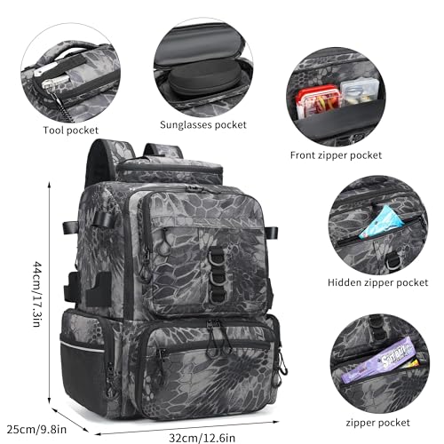 Rabjen Fishing Tackle Backpack, 45L Storage Waterproof Travel Bag Store Fishing Gear with Insulated Top Pocket - color: Camouflage Black, style: Standard Size 4 Tackle Boxes Not Included 900d Nylon