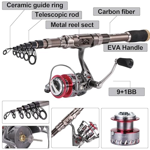 Sougayilang Fishing Rod and Reel Set Carbon Fiber Telescopic Fishing Rod 12+1BB Spinning Reel with Carry Case for Saltwater Freshwater - color: silver, size: 5.91 ft - 2000
