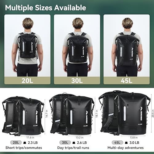 MARCHWAY Roll Top Waterproof Backpack, Floating Dry Bag 20L/30L/45L with Ergonomic Rectangular Base, Cushioned Back, Hip Strap for Hiking Camping Kayaking Travel (Black, 20L) - color: Black, size: 20L