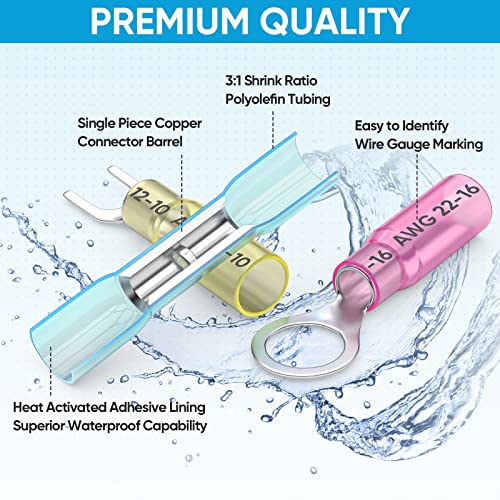 TICONN 400Pcs Heat Shrink Wire Connectors, Waterproof Automotive Marine Electrical Terminals Kit, Crimp Connector Assortment, Ring Fork Spade Butt Splices - style: 400PCS Combo